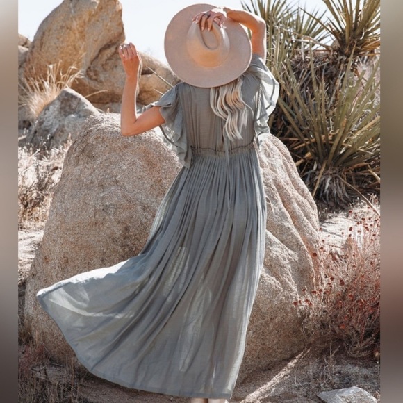 Heather Grey Boho Gauze Button Front Flutter Sheer Maxi Dress W/Adjustable Waist - Picture 4 of 7